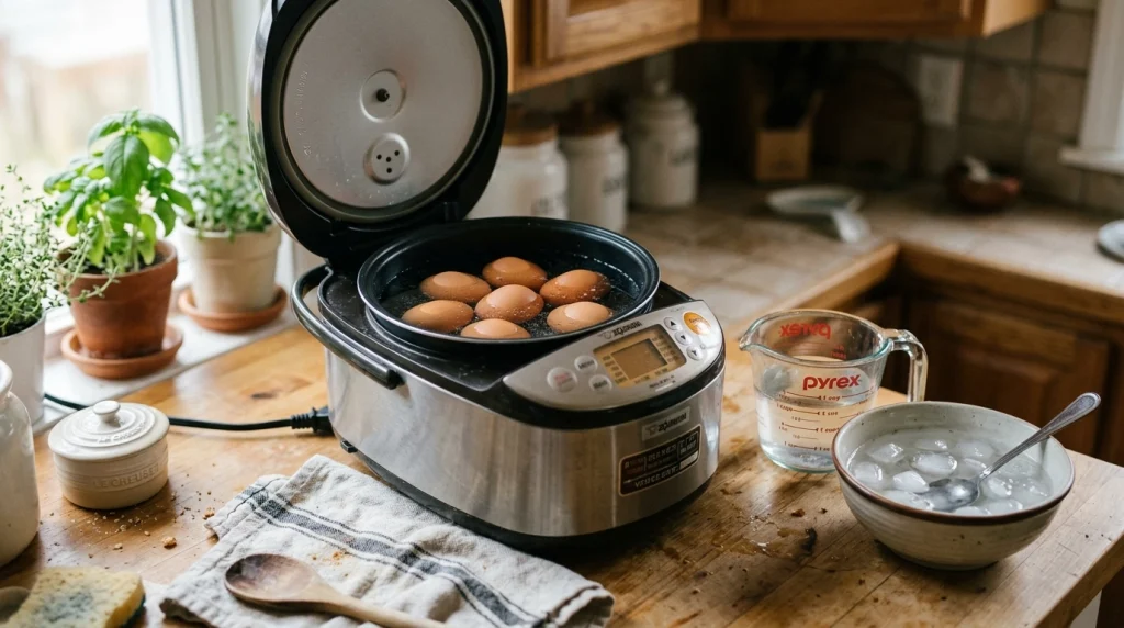 Eggs in rice cooker with water and measuring cup for boiling