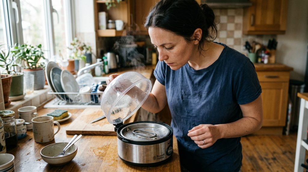 Person inspecting an egg cooker for unusual smells and damaged parts