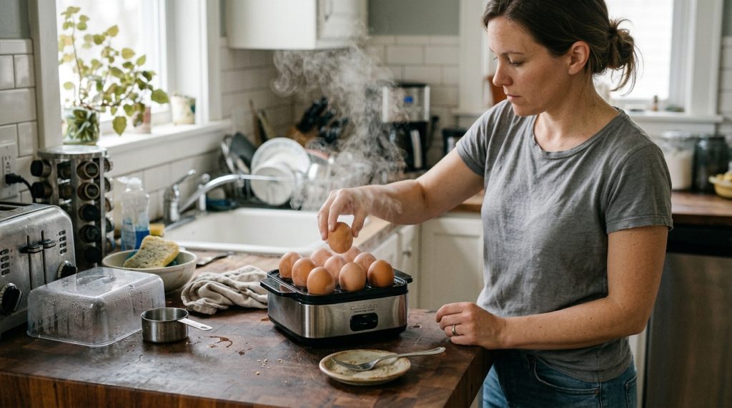 Homeowner using an egg cooker correctly with water and an open steam vent