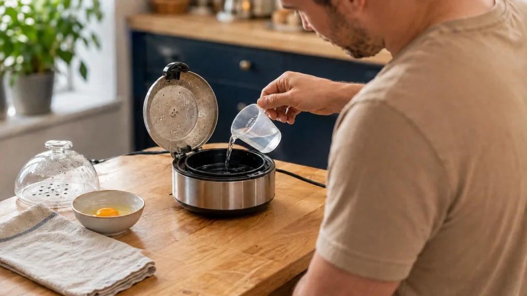 Home cook placing one egg in an approved solid steam egg cooker tray