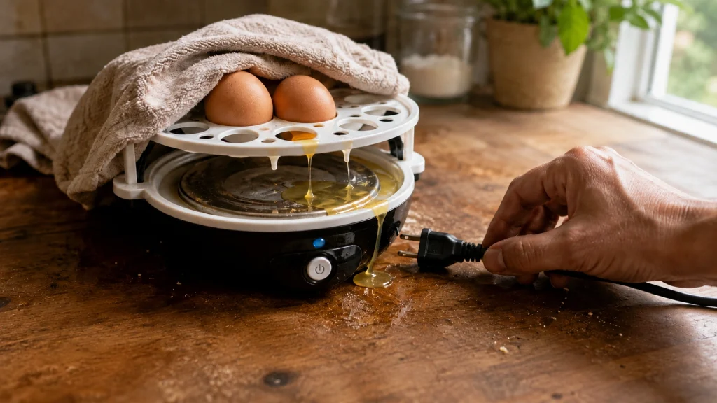 Unplugged egg cooker with a small spill near the exposed heating plate