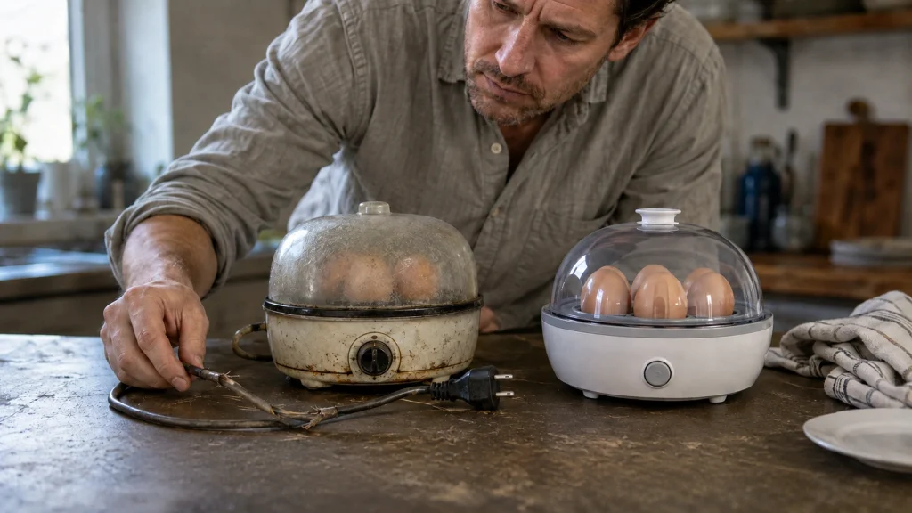 Unplugged egg cooker with a frayed cord beside a safer replacement appliance