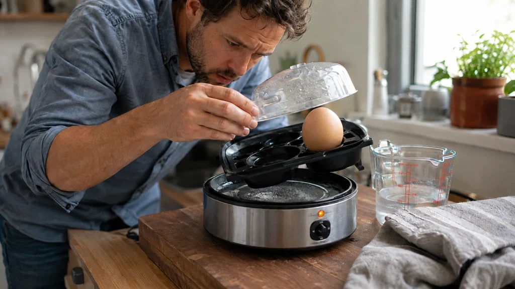Home cook checking an egg cooker tray, water cup, steam vent, and heating plate