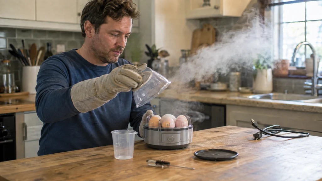 Home cook safely lifting an egg cooker lid away from their face as steam escapes
