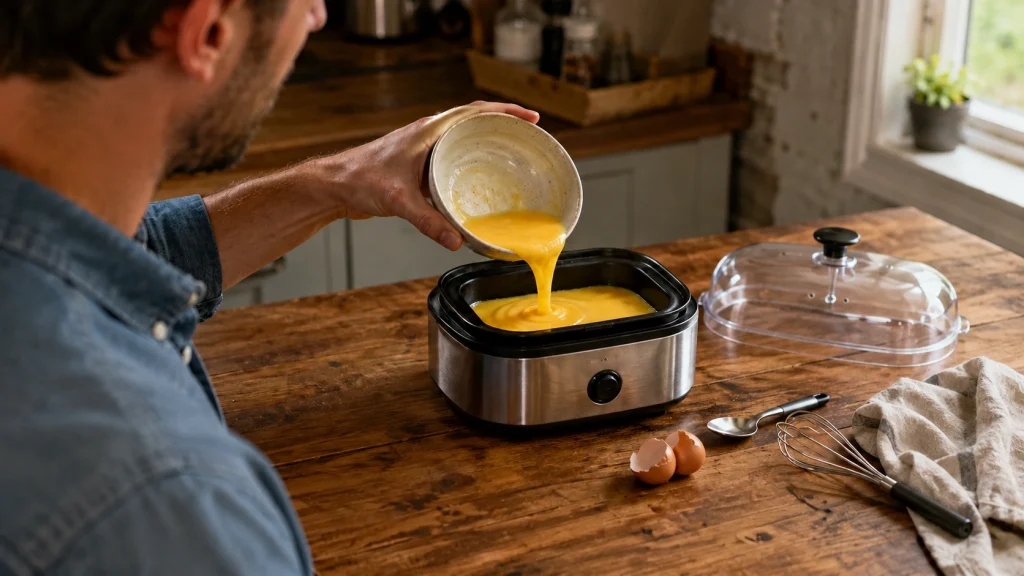 Whisked eggs being poured into a greased solid tray inside an egg cooker.