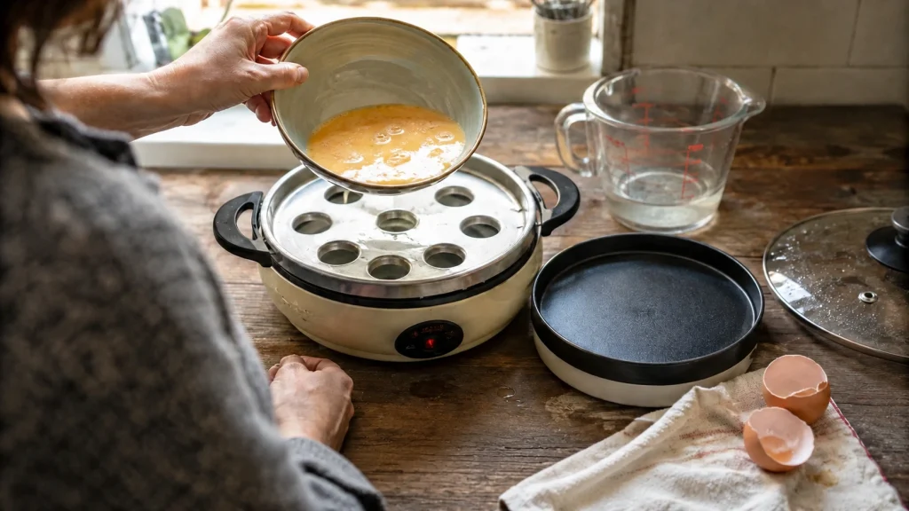 Cook stopping before pouring raw egg into an unsafe open egg cooker rack.