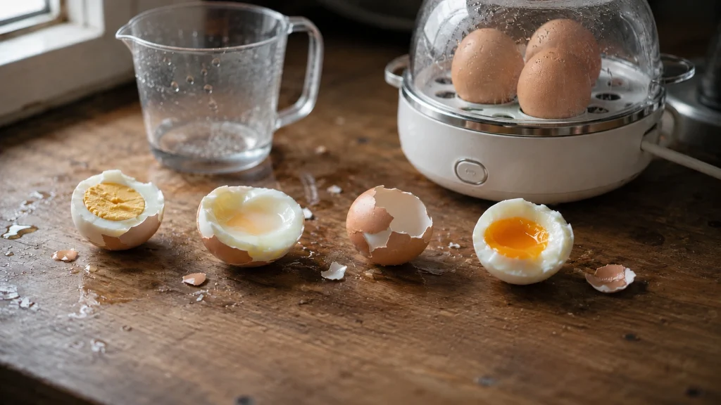 Firm yolk, wet white, and cracked egg showing common egg-cooker problems