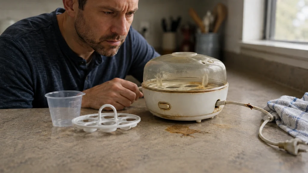 Person inspecting an egg cooker with a damaged cord, leaking base, and heat discoloration