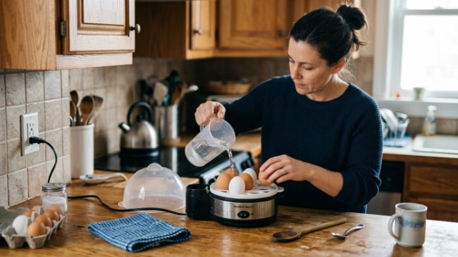 Safe egg cooker use showing proper water and electrical precautions