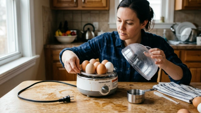 Person troubleshooting an electric egg cooker in a home kitchen