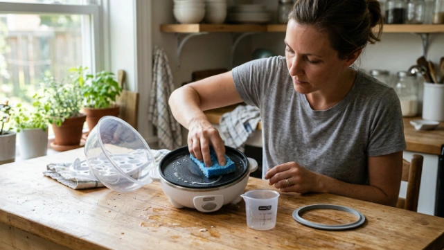Person safely cleaning and inspecting an electric egg cooker heating plate