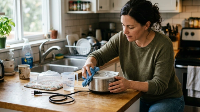 Adult safely cleaning an unplugged egg cooker away from the kitchen sink