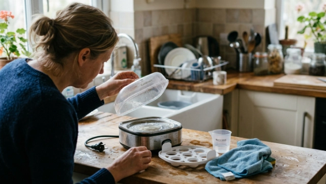 Person checking egg cooker heating plate, lid, tray, water cup, and steam vent