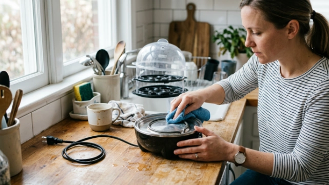 Safe egg cooker cleaning with a soft cloth and dry electrical base