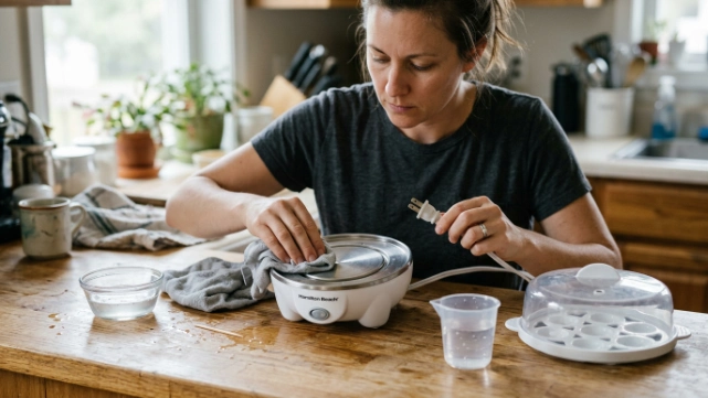Person performing an egg cooker safety check in a home kitchen