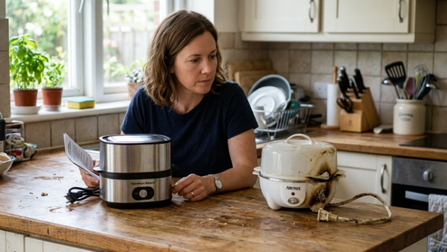 Damaged egg cooker beside a new replacement unit on a kitchen counter