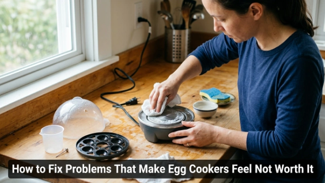 Person safely cleaning mineral buildup and checking parts of an unplugged egg cooker.