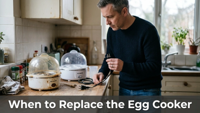 Home cook comparing a damaged egg cooker with a safe replacement appliance.