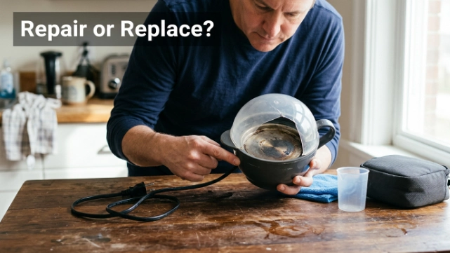 Person checking an egg cooker for scratches, a broken lid, and heating damage.