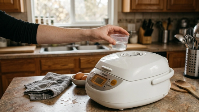 Rice cooker with eggs and measuring cup showing safe cooking mistakes to avoid