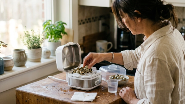 Person placing quail eggs into an egg cooker tray for safe steaming