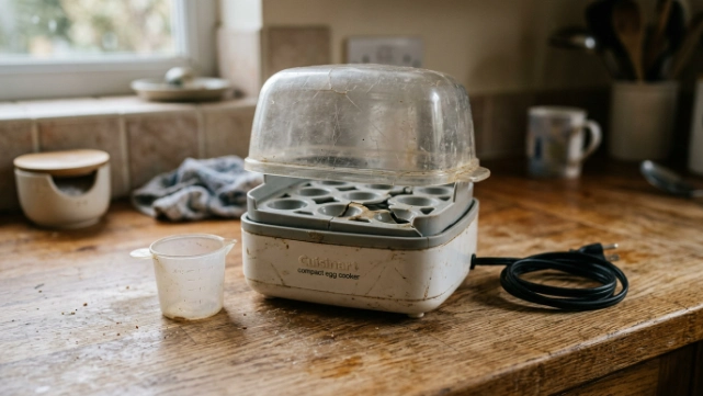 Old egg cooker with worn parts showing when replacement may be safer