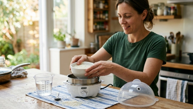Home cook placing a small rice bowl inside an egg cooker safely