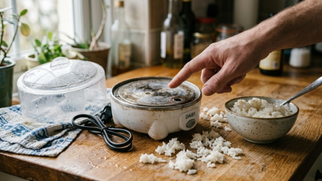 Home cook placing a small rice bowl inside an egg cooker safely