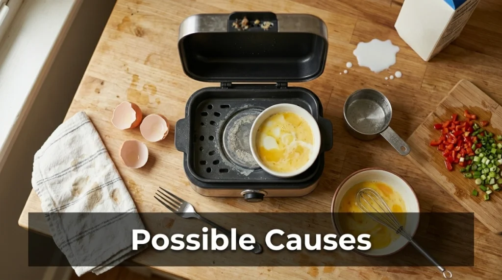 Egg cooker surrounded by common causes of watery and uneven scrambled eggs