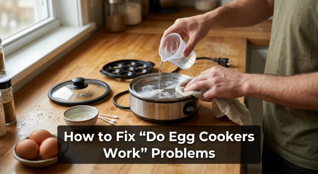 Home cook measuring water and cleaning an electric egg cooker to fix poor results