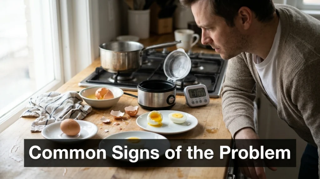 reate a DSLR-quality, photorealistic inspection scene in a practical home kitchen. Show a concerned 45-year-old adult wearing a dark plaid shirt, standing upright while examining an unplugged older egg cooker with a visibly frayed cord, a dark heat mark near the base, and slightly melted plastic. Place a clean newer cooker farther back as a subtle replacement option. Show realistic wear, scuffed plastic, cord fibers, wood grain, towel texture, and small counter imperfections for an authentic lived-in appearance, not a staged stock photo. Keep the damaged plug disconnected and safely away from water. Natural overcast window side light from the left, eye-level close-up, shallow depth of field, soft natural bokeh, serious and cautious mood. Add one clean semi-transparent dark rectangular text box in the lower third displaying only the exact text: "When to Replace the Egg Cooker" in bold professional sans-serif type with high contrast; no other text or logos. Shot with Canon EOS 5D, 85mm f/1.8. --ar 16:9 --style raw --q 2