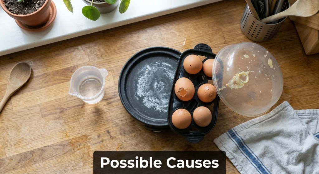 Egg cooker setup showing excess water, wrong piercing, and mineral buildup