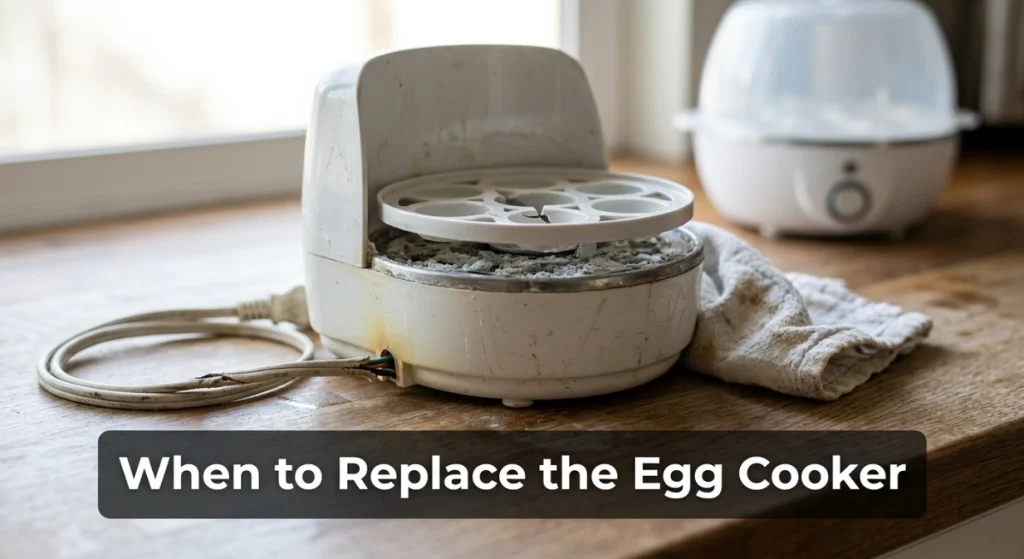 Damaged egg cooker with worn cord, cracked tray, discoloration, and mineral buildup.
