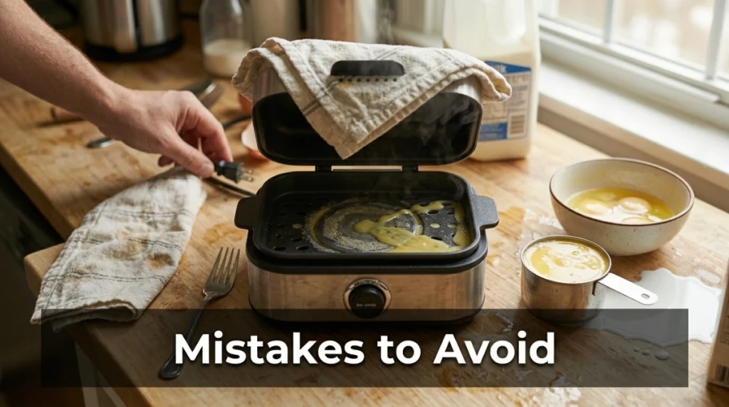 Common scrambled egg cooker mistakes including wrong tray and blocked steam vent