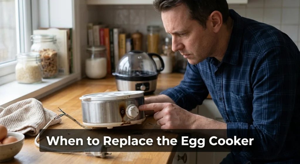 Unplugged egg cooker with a frayed cord and heat damage indicating replacement is needed