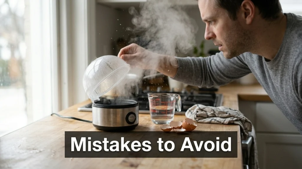 Person lifting an egg cooker lid away from the face to avoid a hot steam burn