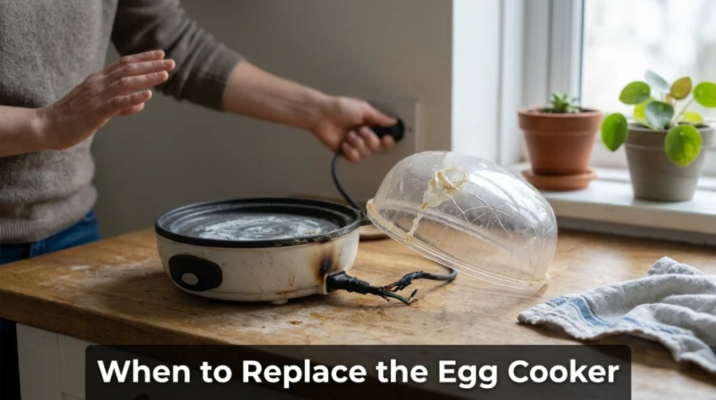 Damaged egg cooker with cracked lid, scorched base, and unsafe power cord