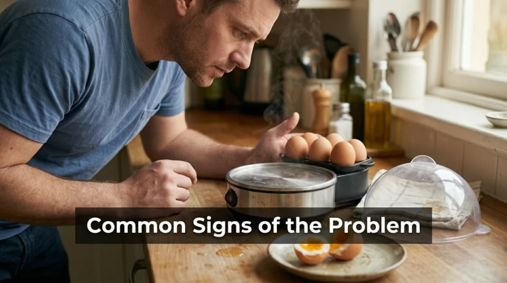 Home cook inspecting an egg cooker after raw eggs, leaking water, and dry heating