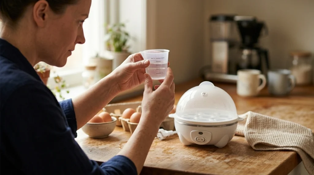 Person measuring water carefully to correct an egg cooker timing problem