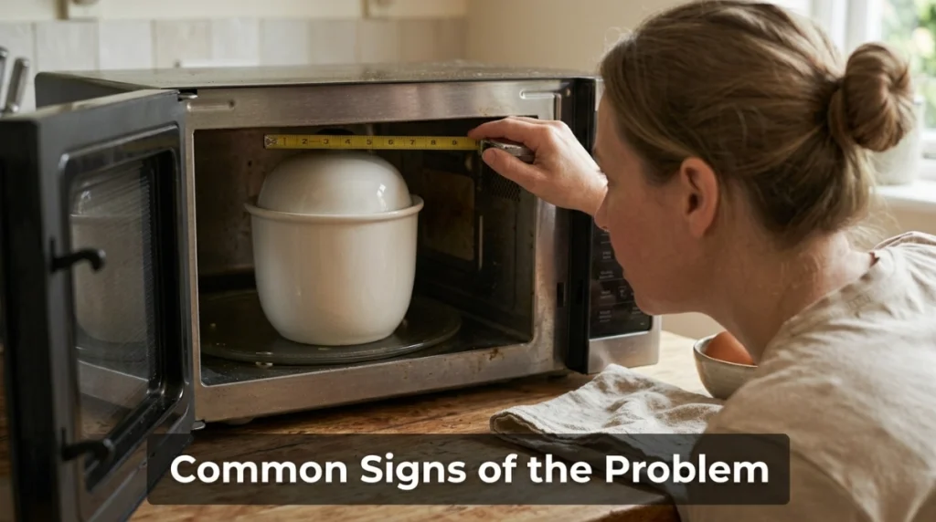 Home cook checking a ceramic egg cooker that barely fits inside a small microwave.