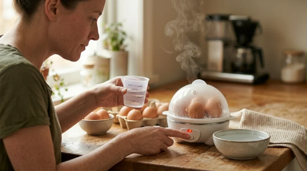 Home cook switching off an egg cooker after hearing its ready alarm