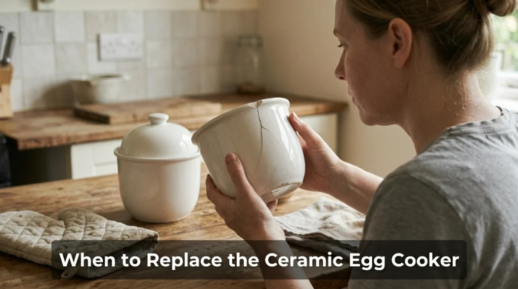 Person inspecting a cracked ceramic egg cooker beside a safe replacement.
