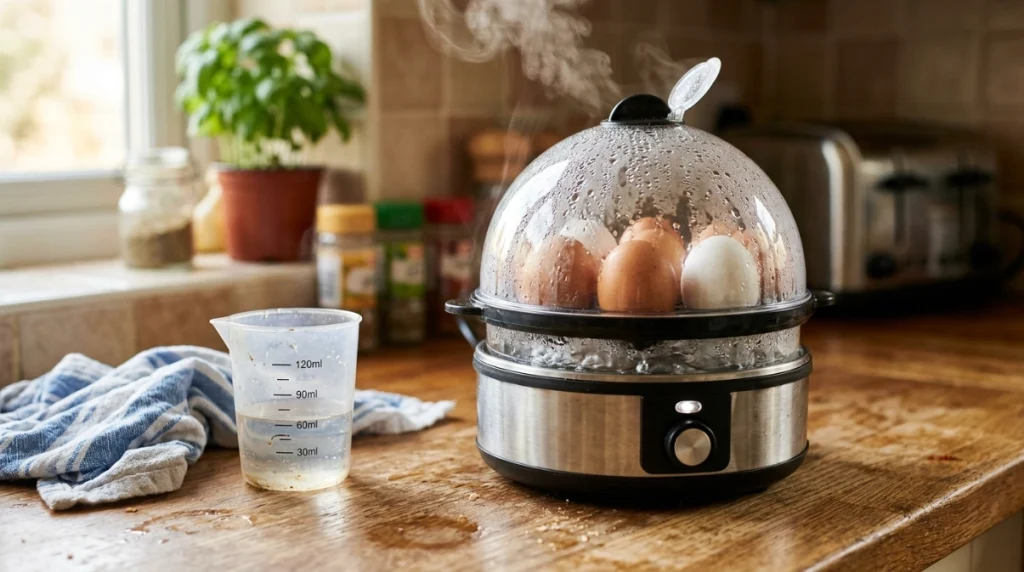 Eggs cooking in steam above measured water inside a compact electric egg cooker.
