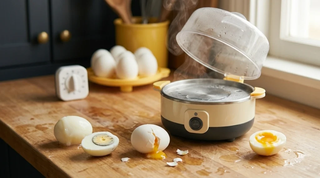 Runny, cracked, and overcooked eggs showing common egg cooker timing problems