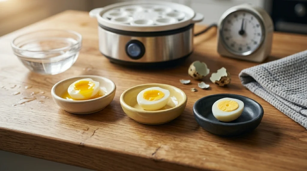 Soft, jammy, and firm quail egg yolks beside a compact electric egg cooker