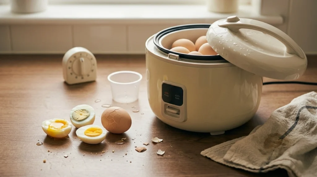 Runny, cracked, and overcooked eggs beside a rice cooker and steam basket