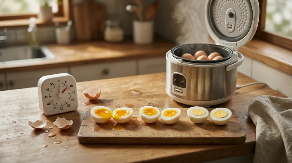 Soft, medium, and hard eggs showing how long to boil egg in rice cooker