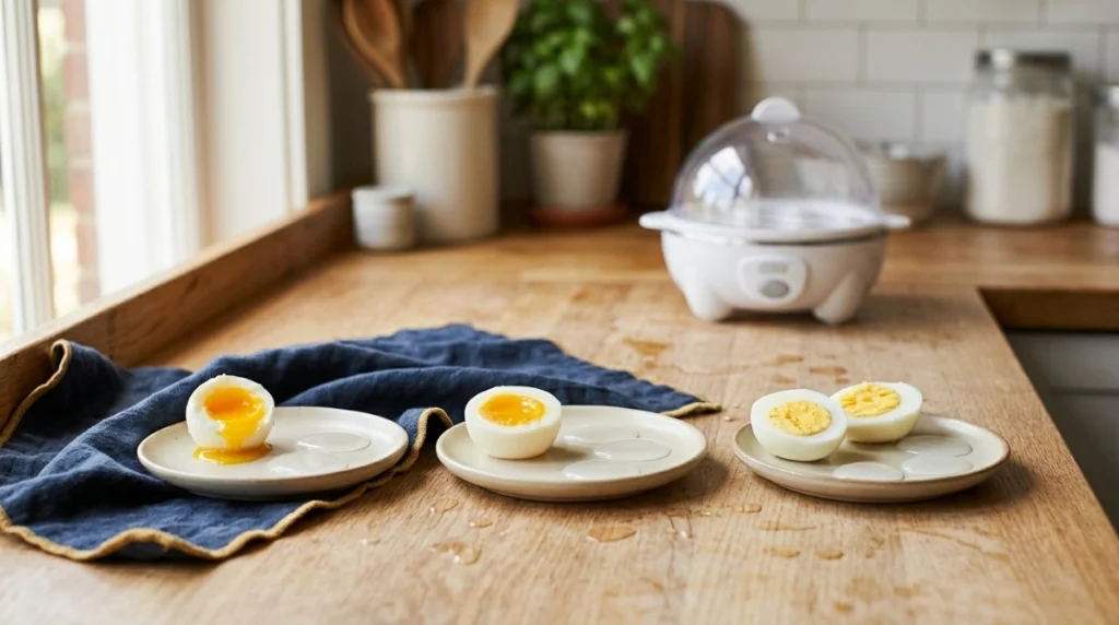 Two, three, and four tablespoons of water beside three cooked egg stages