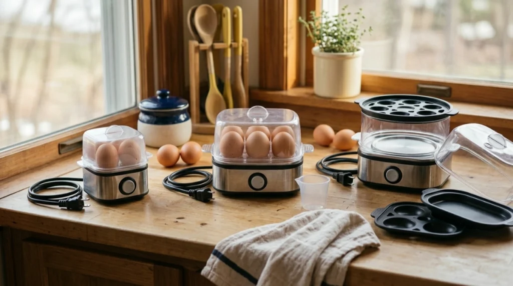 Compact, standard, and large egg cookers with different power needs