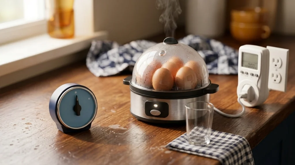 A compact egg cooker and power meter measuring electricity use during a ten-minute cycle